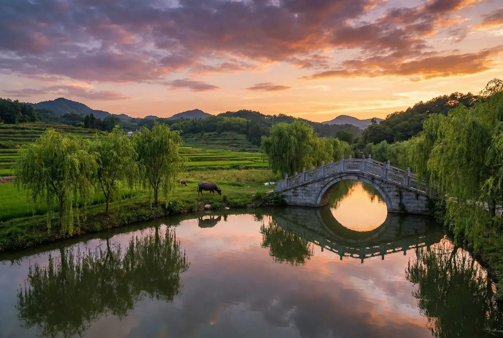 夕阳下的石拱桥与垂柳，水牛在河边吃草 - 日本阿v手机不卡在线观看视频 乡村美景